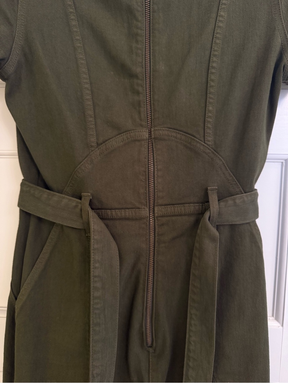 Alice + Olivia Olive Green Short-Sleeve Stretchy Denim Bell Bottom Jumpsuit - Picture 5 of 11